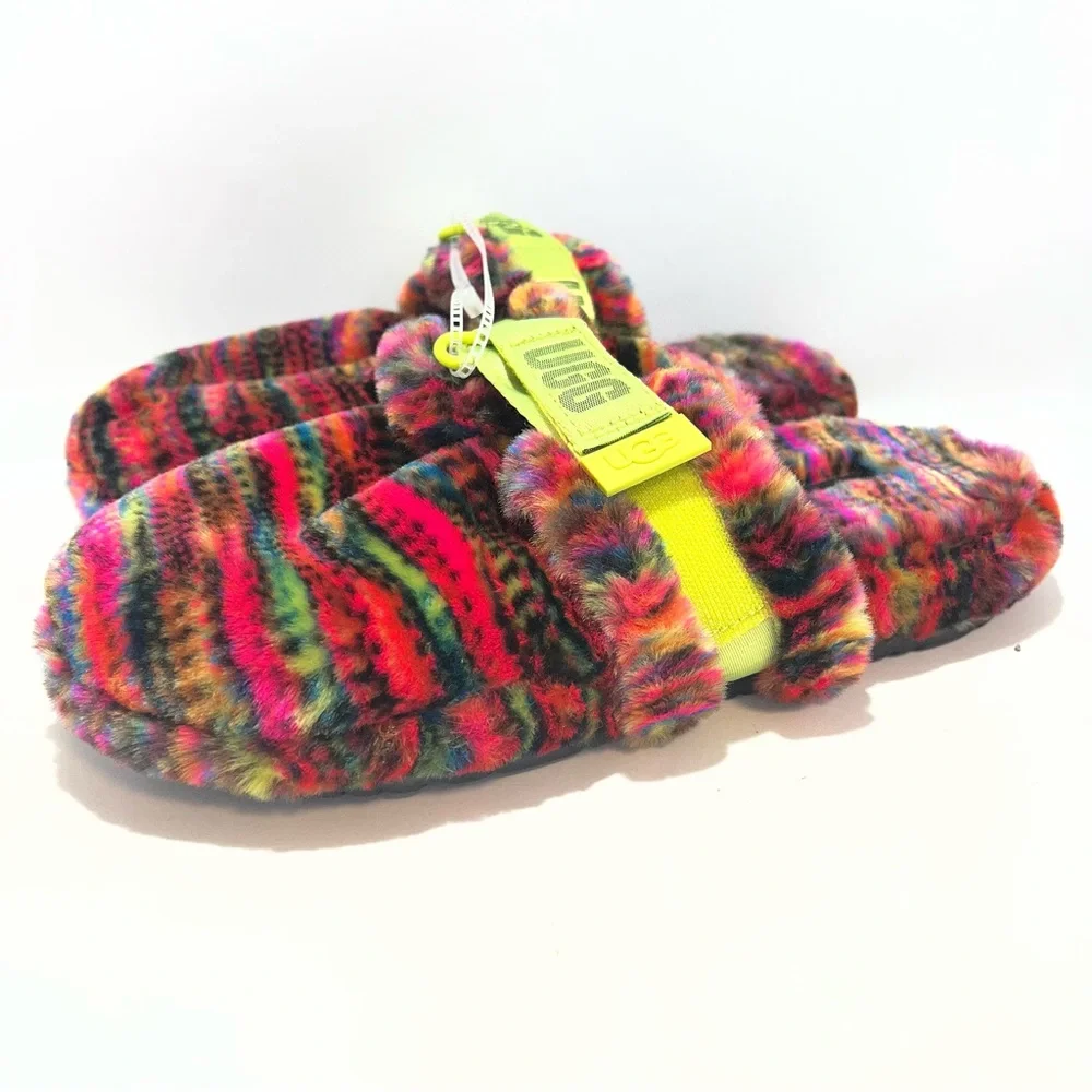 UGG Fluff It Pixelate Slides Men 10 NWT Multicolor Faux Fur Slippers 1131550